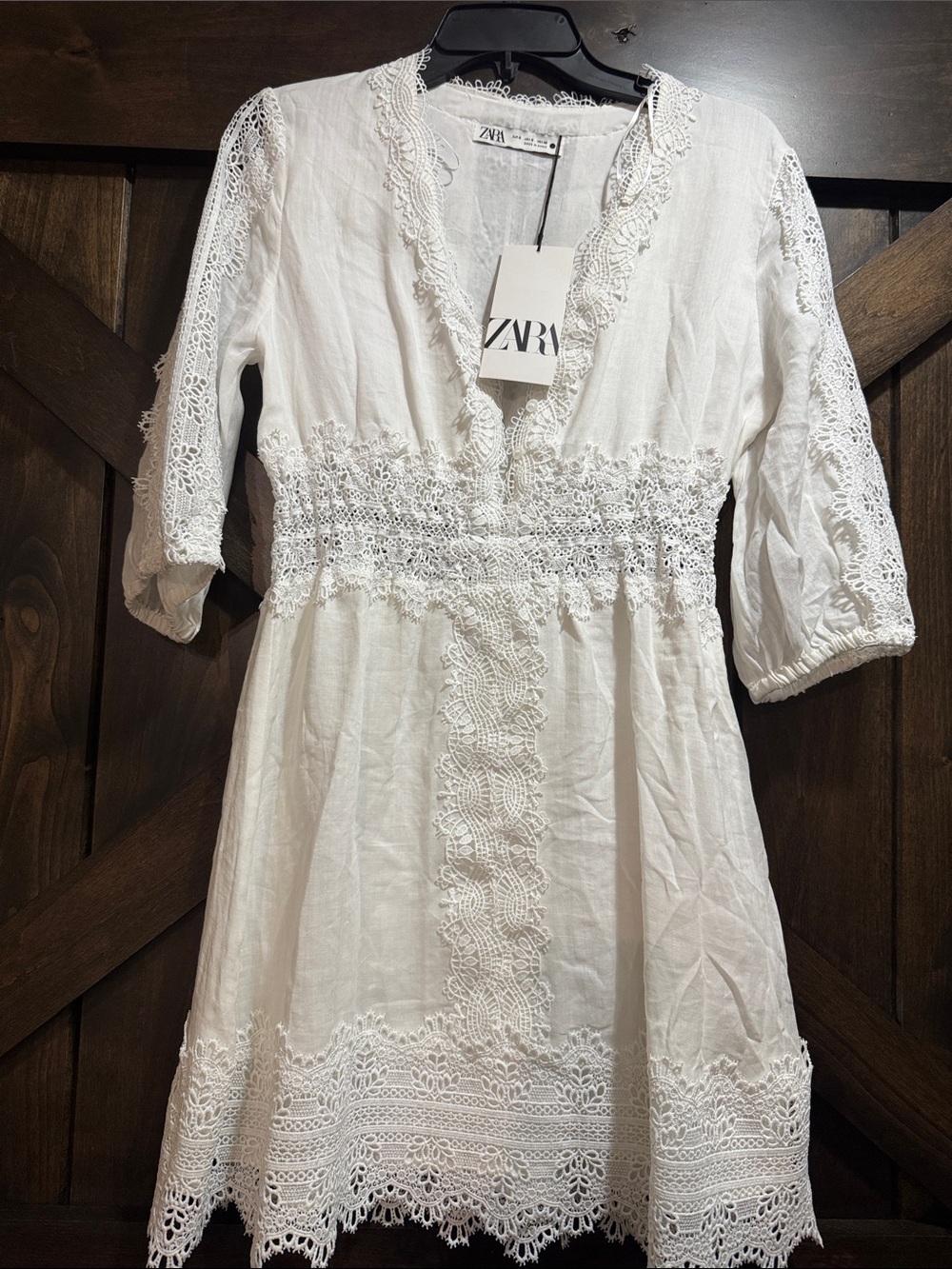 Zara White Cotton Dress with Lace Insets